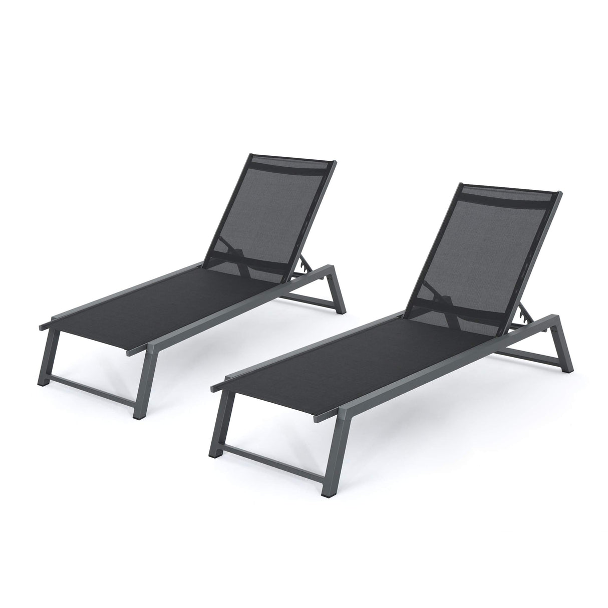 Myers Outdoor Mesh Chaise Lounges with Aluminum Frame, 2-Pcs Set, Black Mesh / Grey