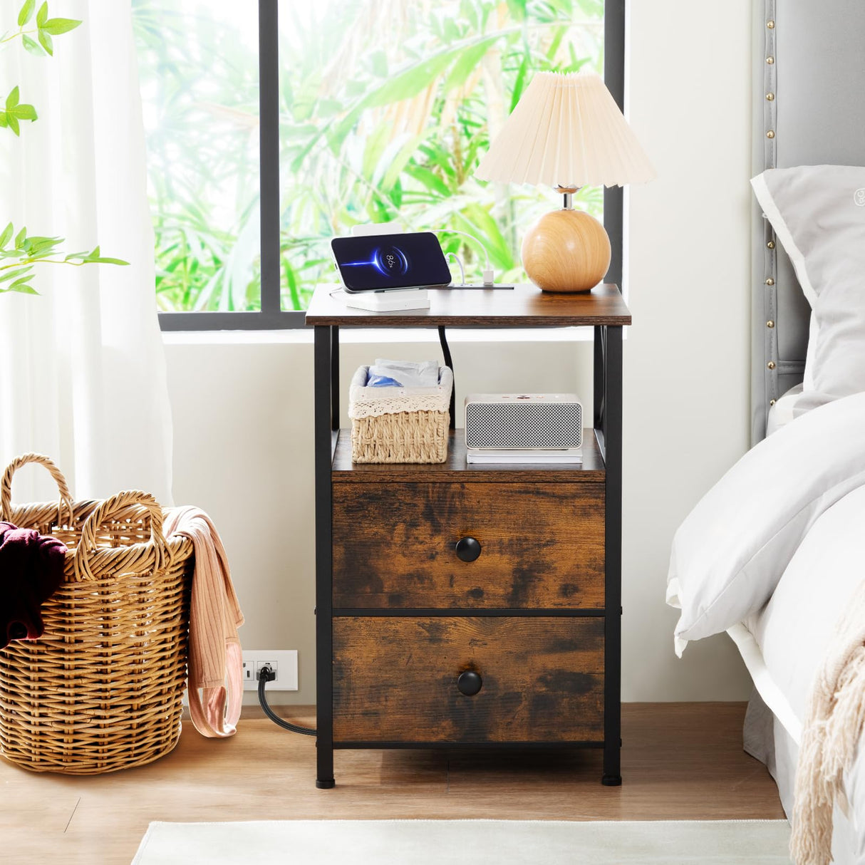 Night Stand Set 2, Nightstand with Charging Station, End Tables Living Room with USB