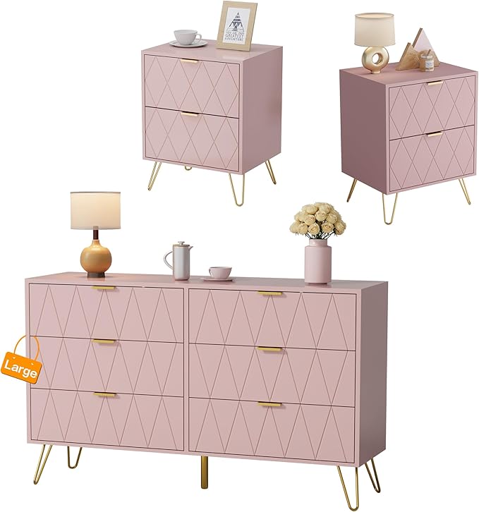 Navy 3 Pcs Bedroom Sets, Large 6 Drawer Dresser and Night Stand