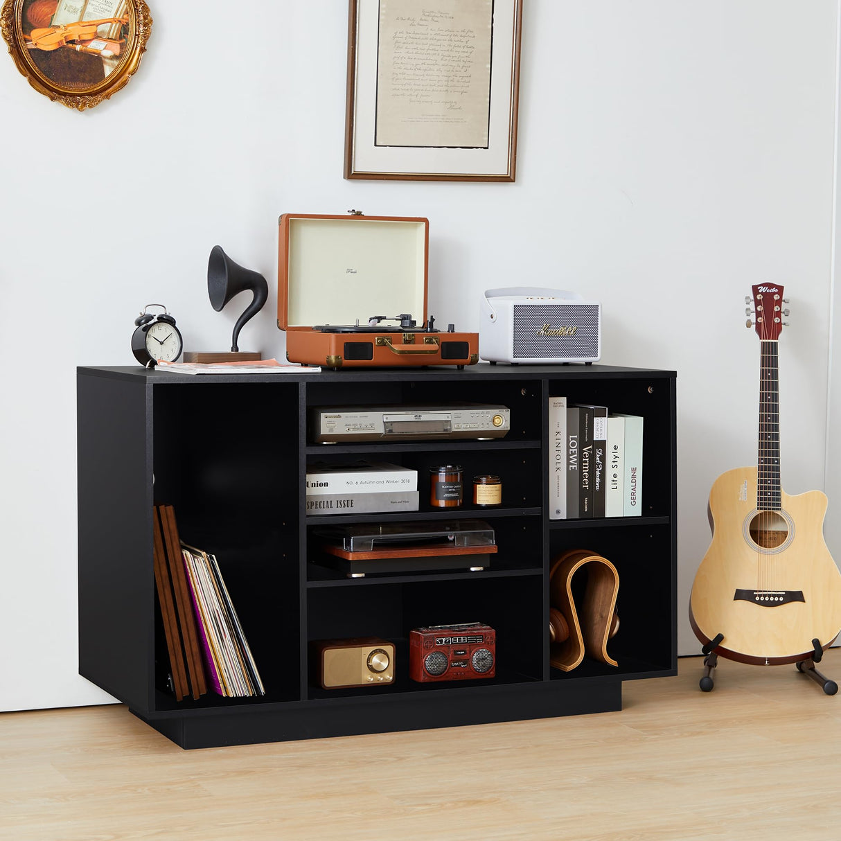 Media Cabinet, 5-Tier Shelves Media Console with 3 Hight-Adjustable Shelves