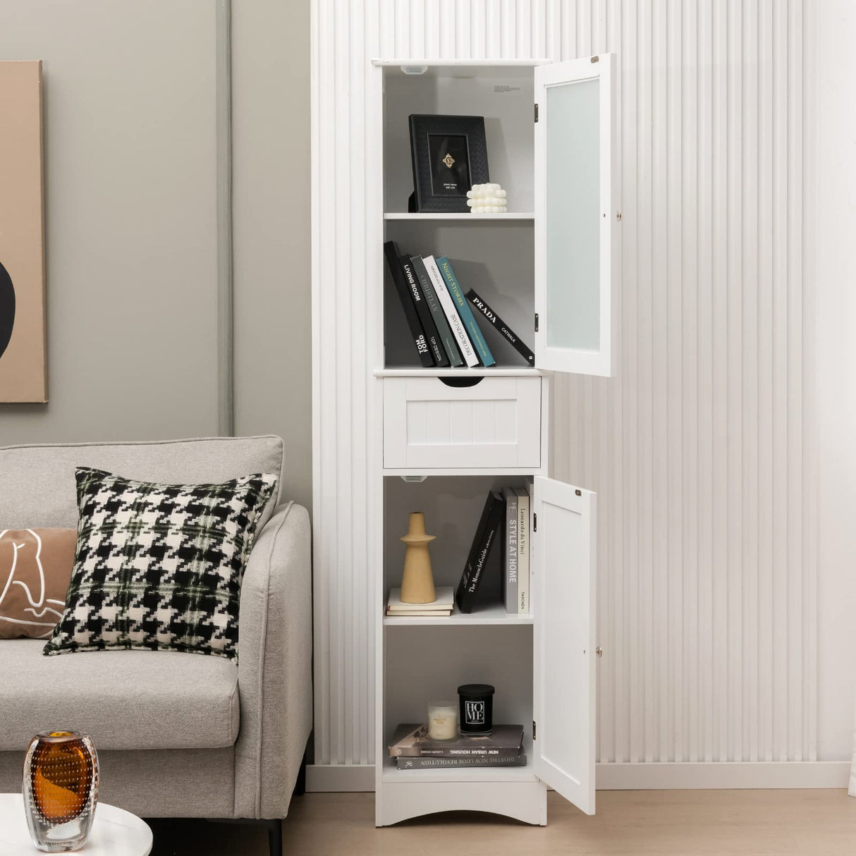 " Tall Bathroom Storage Cabinet, Slim Freestanding Tower w/ 2 Doors & 1 Drawer, Narrow Floor Cabinet w/Adjustable