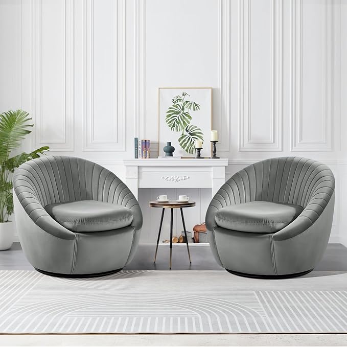 Swivel Accent Chair, Modern Velvet Shell Swivel Barrel Chair with Wide Seat