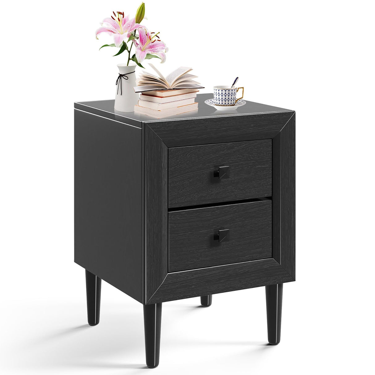 Table Compact Nightstand with Storage Drawers Black Single