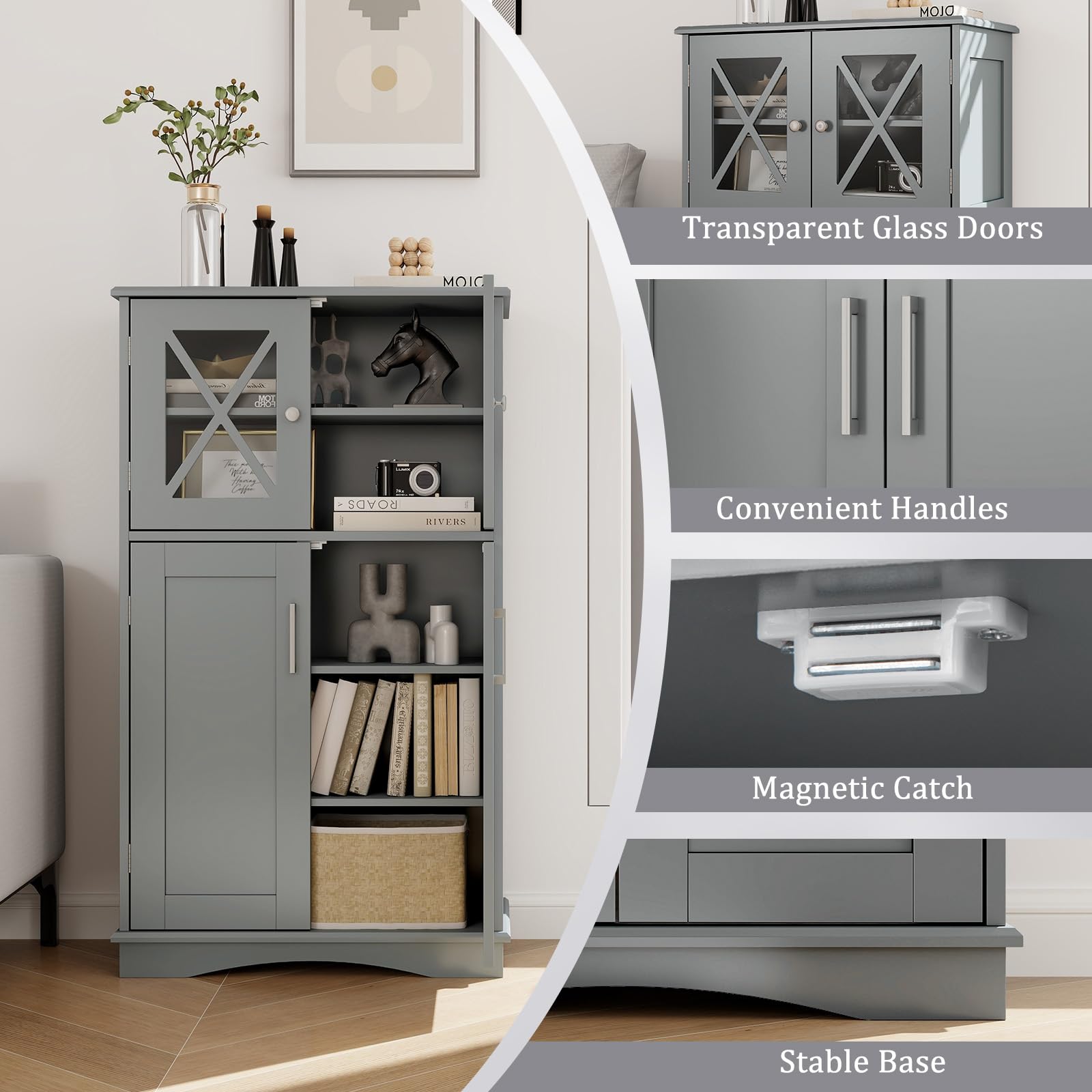 Bathroom Floor Storage Cabinet - Linen Floor Cabinet with Doors and Adjustable Shelves