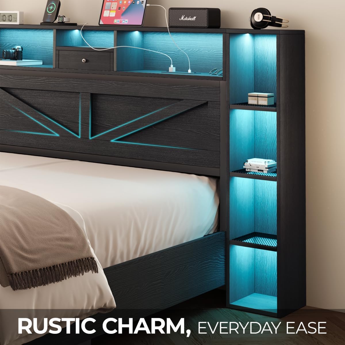 Queen Bed Frame with Bookcase Headboard and Charging Station