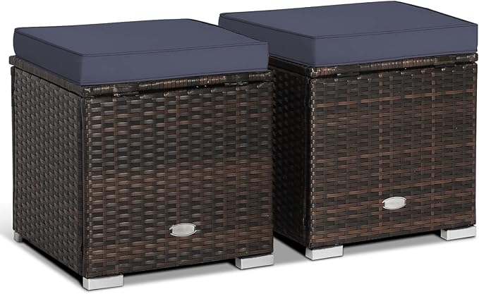 2-Pieces Patio Ottoman Set Outdoor Wicker Stool with Storage, Rattan Footrest Ottoman