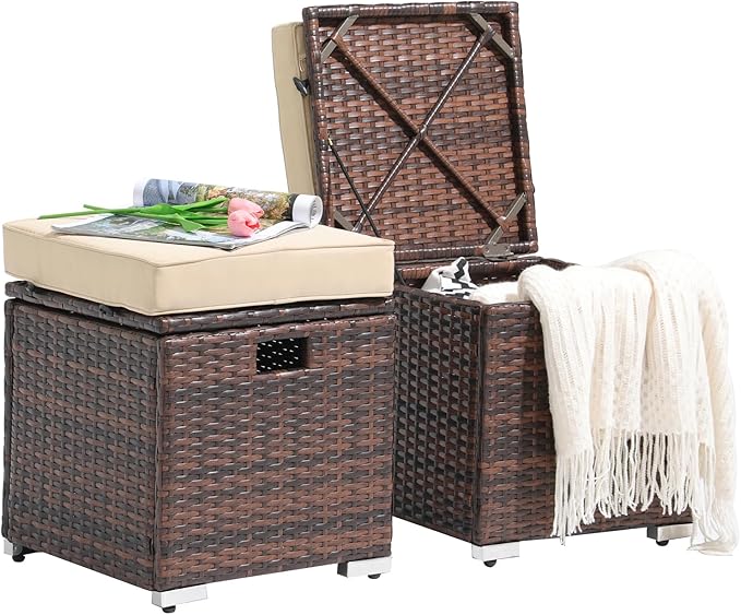 2 Piece Outdoor Patio Ottomans,All-Weather Grey PE Rattan Wicker Ottoman