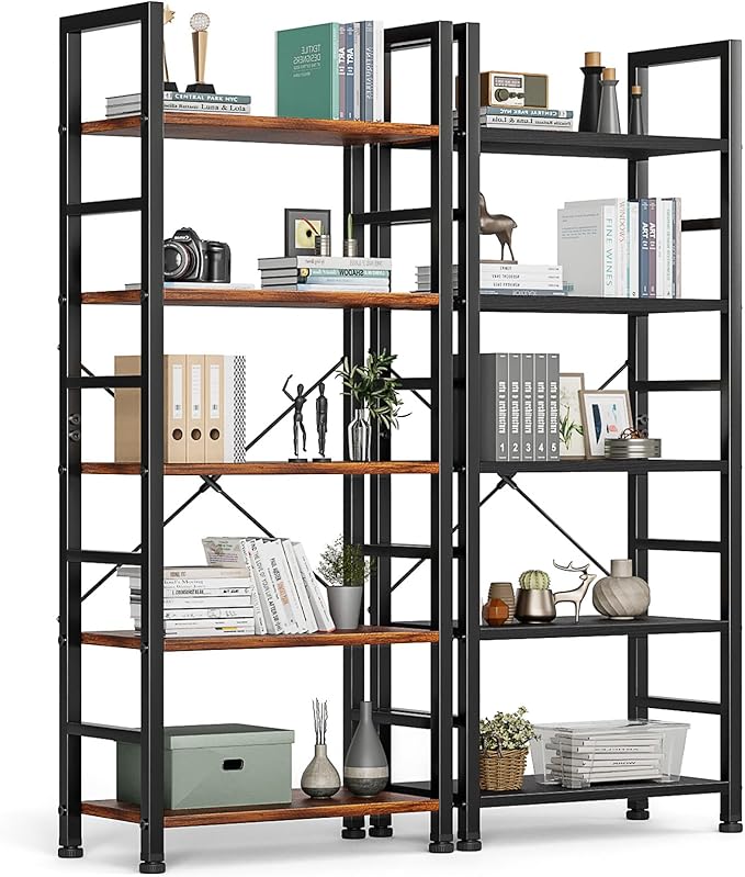 5-Tier Book Shelf Tall Modern Bookcase Set of 2 for Books, CDs, Movies, Storage and