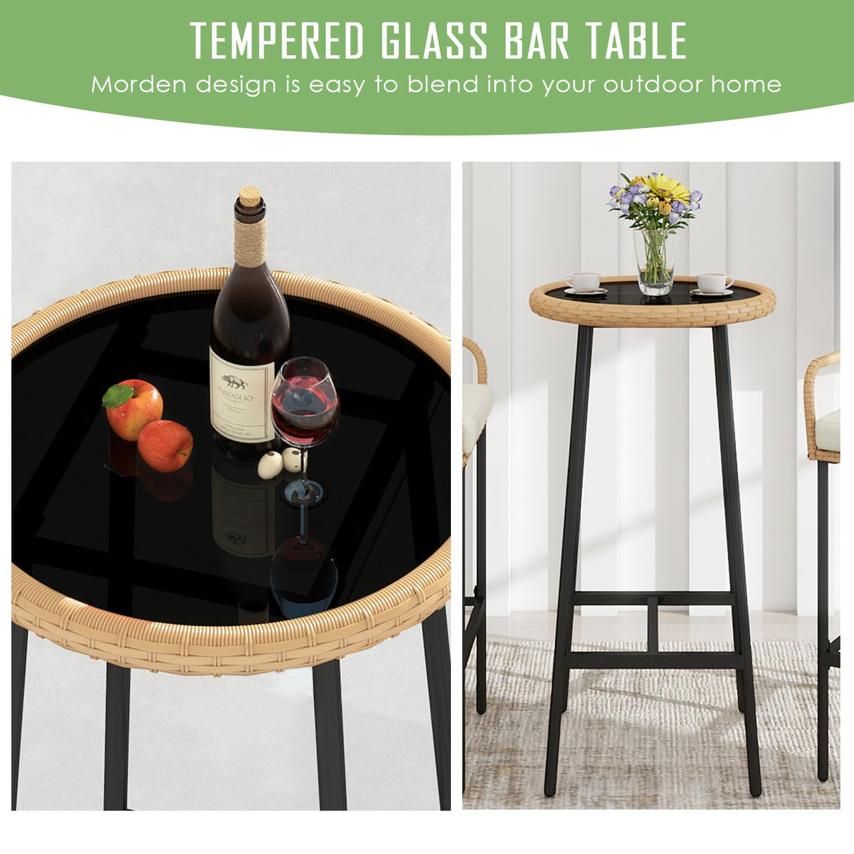 Vikiullf 3 Pieces Patio Bar Table Set, Outdoor Wicker Bar, All Weather Height Bar Stools and Table Set, for Garden, Deck, Balcony