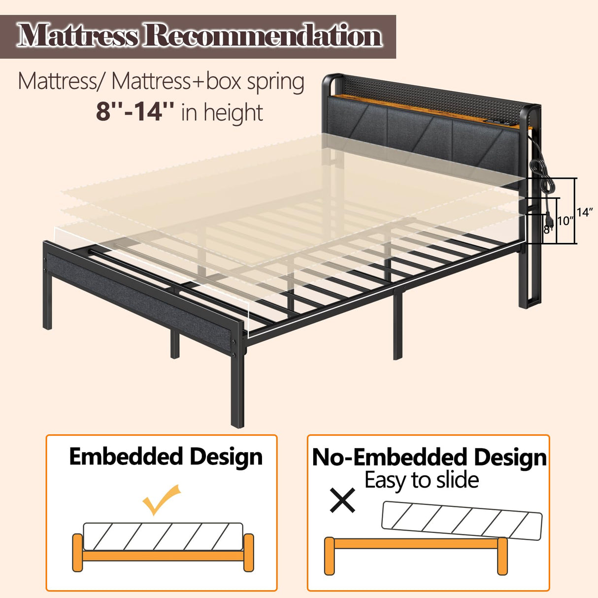 Queen Size Upholstered Bed Frame with LED Lights and Charging Station