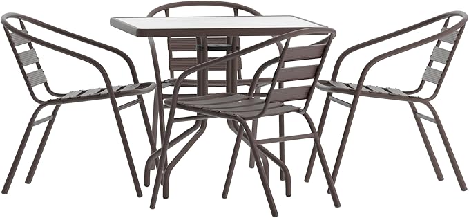 5-Piece Patio Dining Set with 31.5" Square Glass Metal Table and 4 Stackable Slat Back Chairs, Indoor/Outdoor Bistro Set, Black