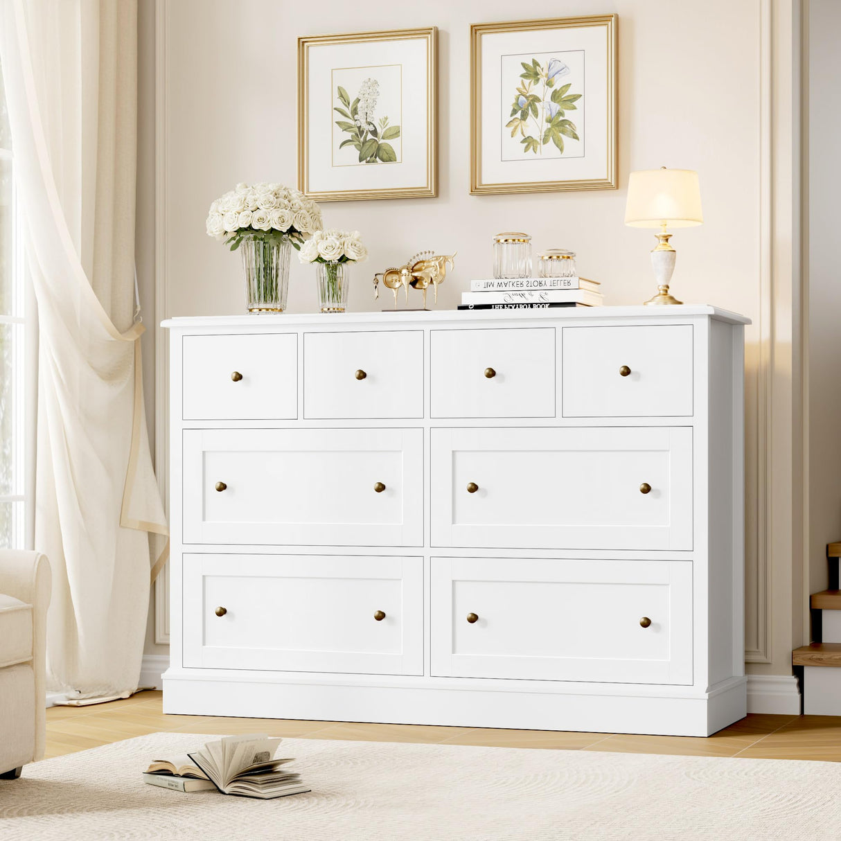White Dresser 8 Drawer Dresser, 47.2" White Chest of Drawers Nursery Dresser