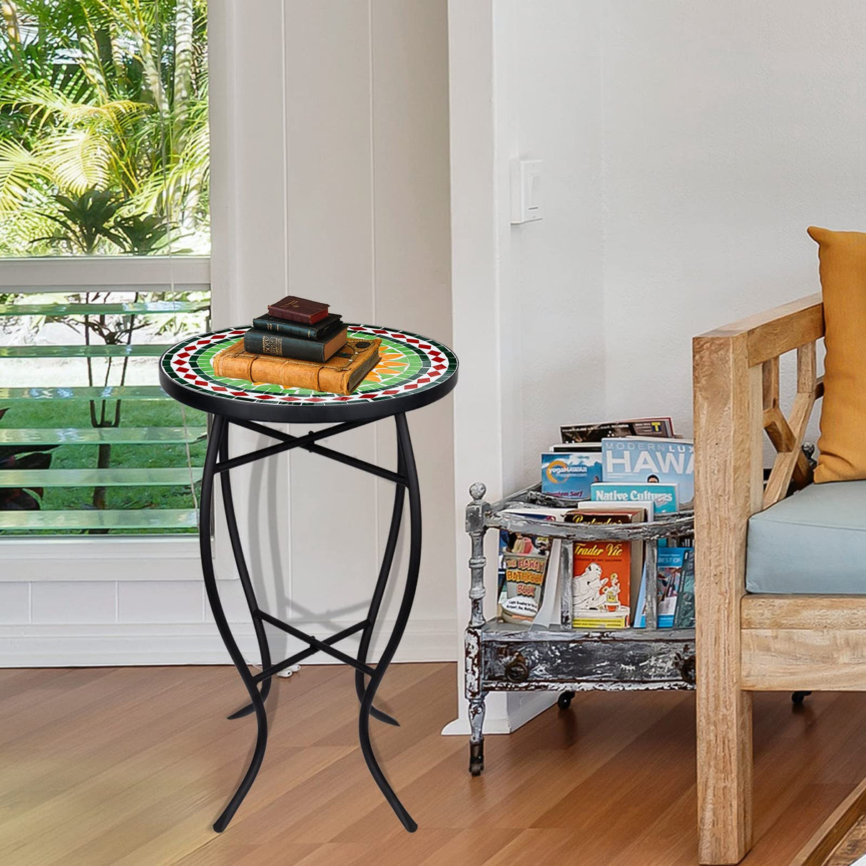 Mosaic Outdoor Side Table, 14" Round Folding Plant Stand for Patio Garden Backyard