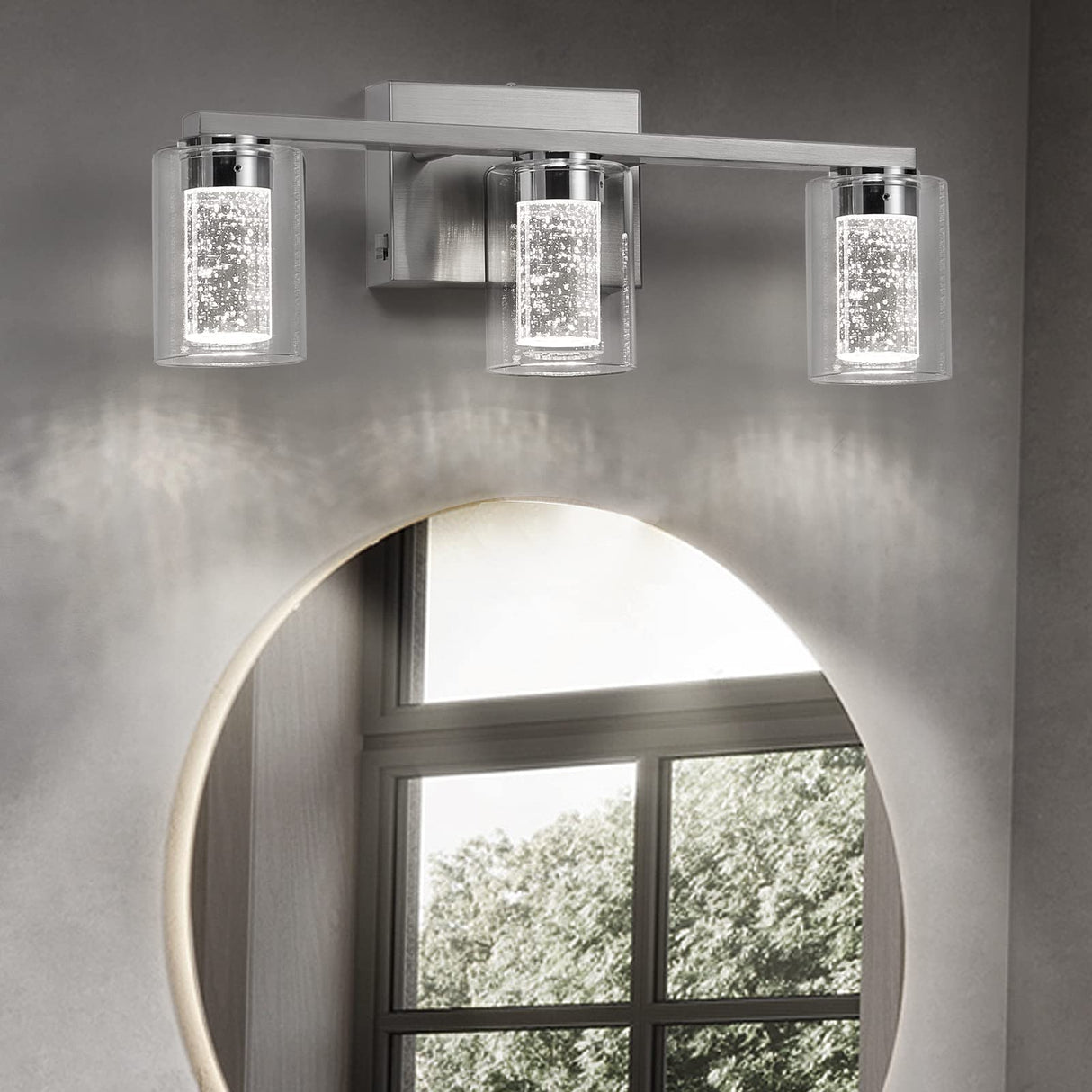 Brushed Nickel Vanity Lights, 3-Light Bathroom Light Fixtures, Crystal LED Bathroom