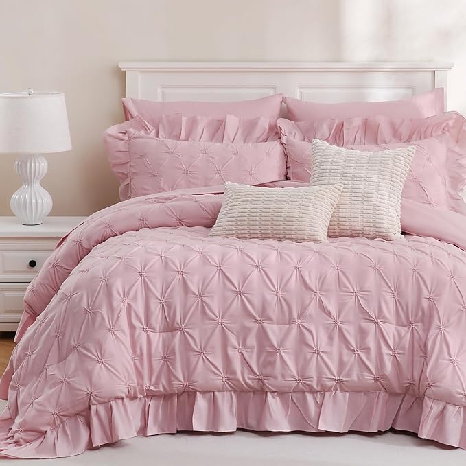 Pinch Pleated Comforter Bed in A Bag Queen 10 Pieces White Ruffled Comforter Set Pintuck Bedding Set