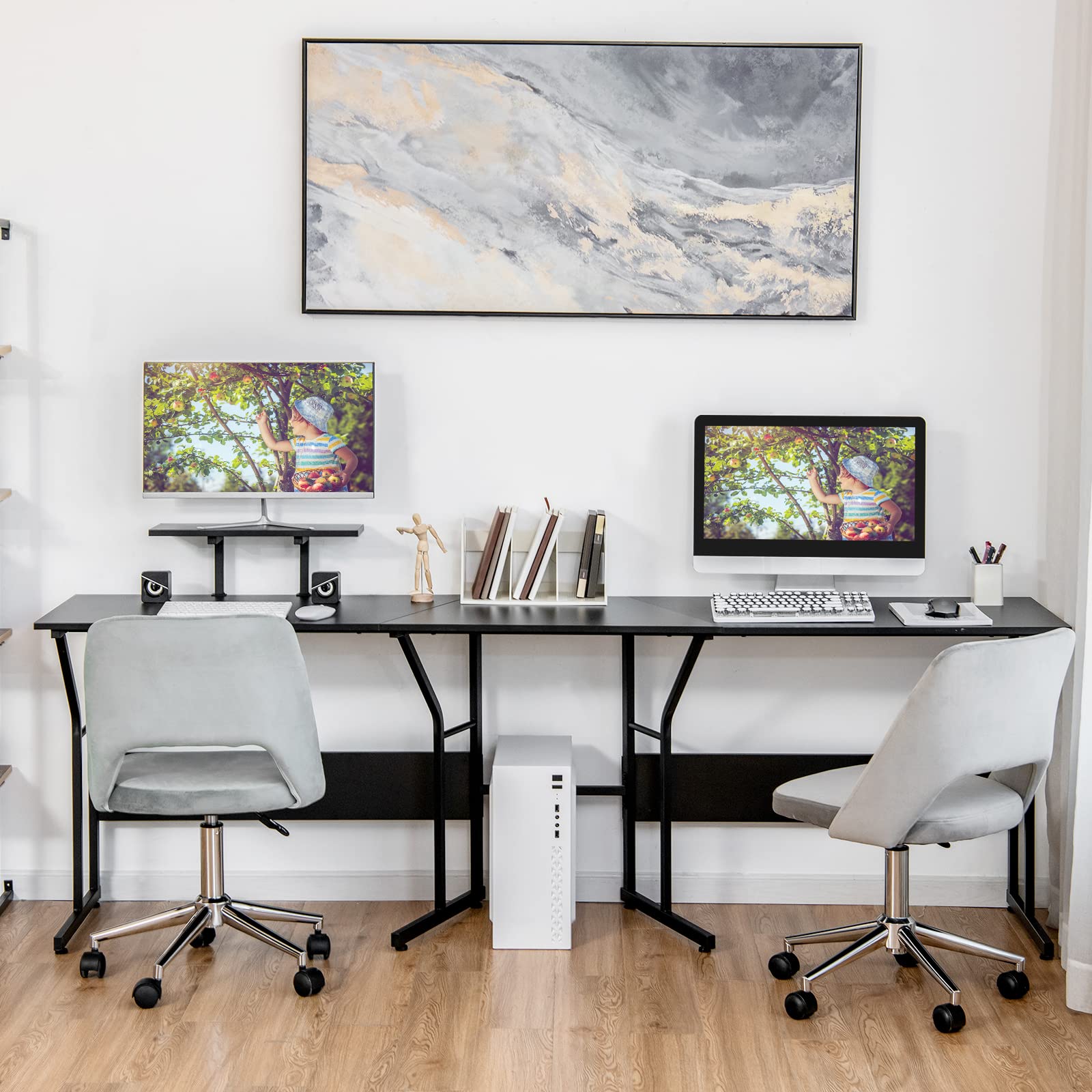 Reversible Computer Desk, 2 Person Long Computer Workstation w/Movable Monitor Stand, Large Home Office Corner Desk for Working Writing Gaming (Black)