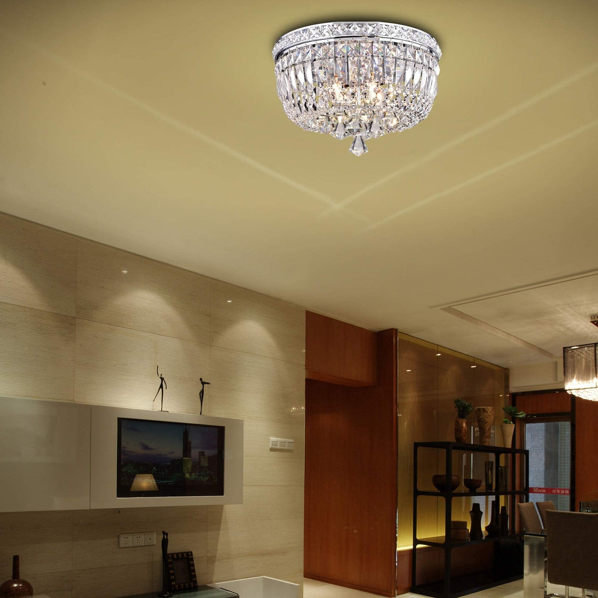 Elisa Chrome Iron and Crystal 4-Light Flush-Mount Chandelier