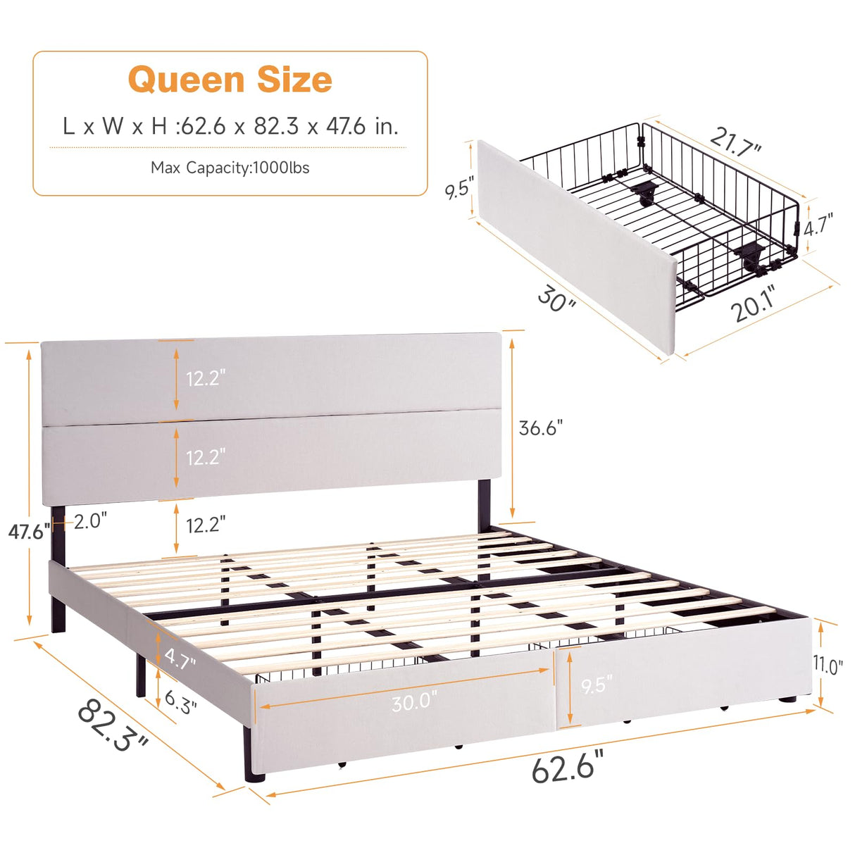 Yumpie Cream Upholstered Queen Bed Frame with Storage Drawers & Adjustable Headboard