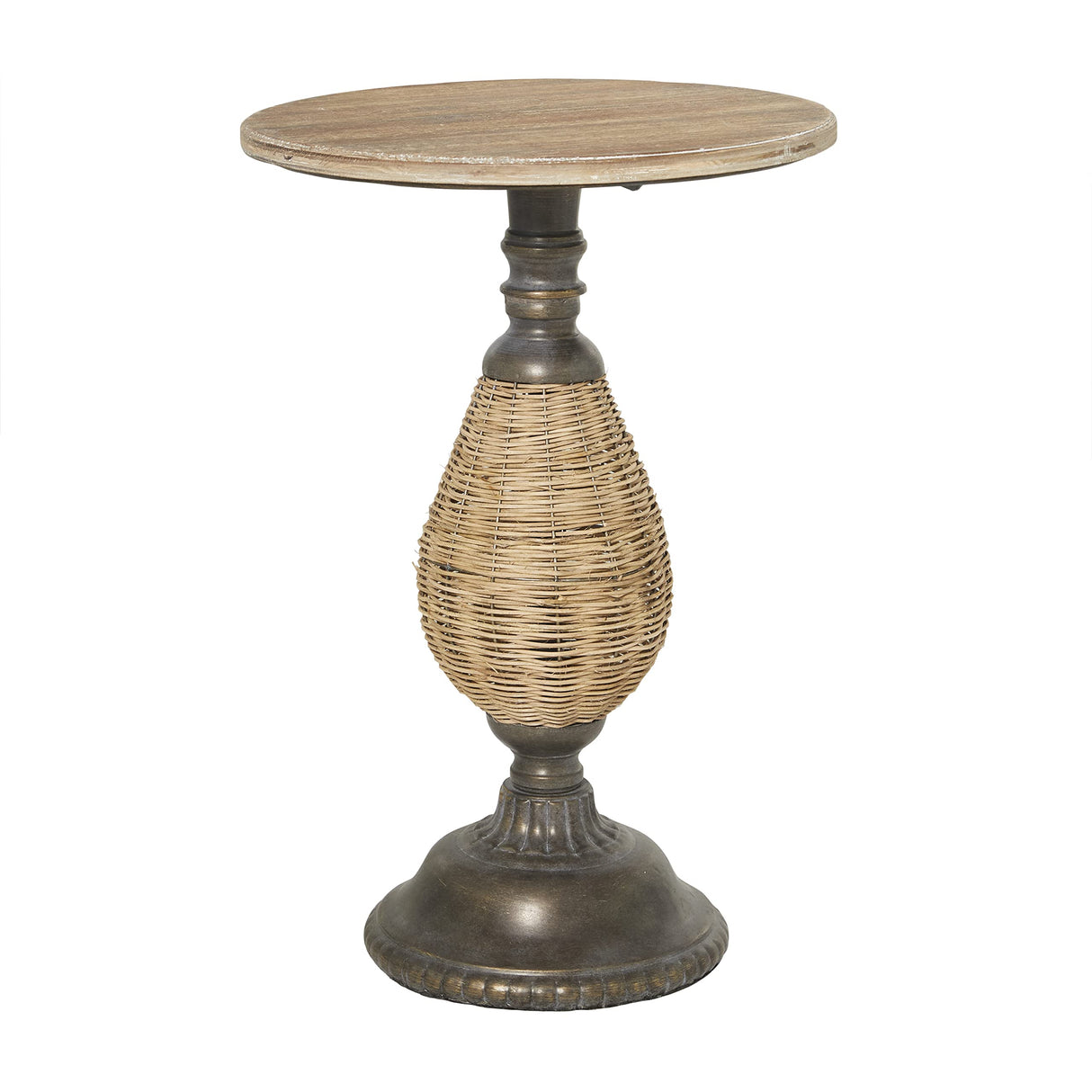 Wood Side End Accent Table End Table with Black Metal and Rattan Base