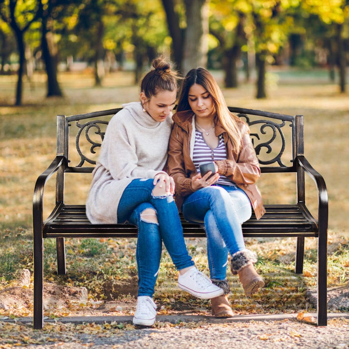 Outdoor Steel Garden Bench Park Bench, 50 Inch Patio Welcome Bench with Slated Seat