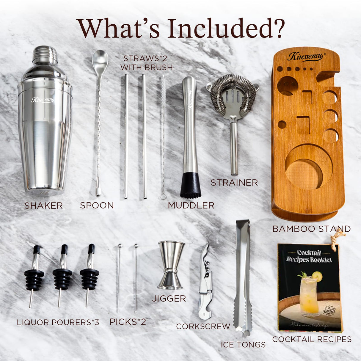 Premium Cocktail Shaker Set | 15-Piece Bartender Kit with Stand & Accessories