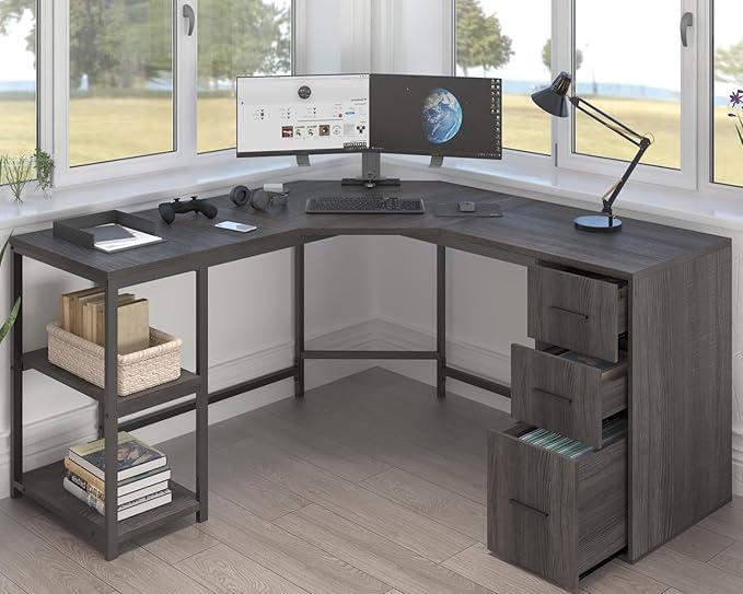 White L Shaped Corner Desk with Drawers, Reversible Modern L-Shaped Computer
