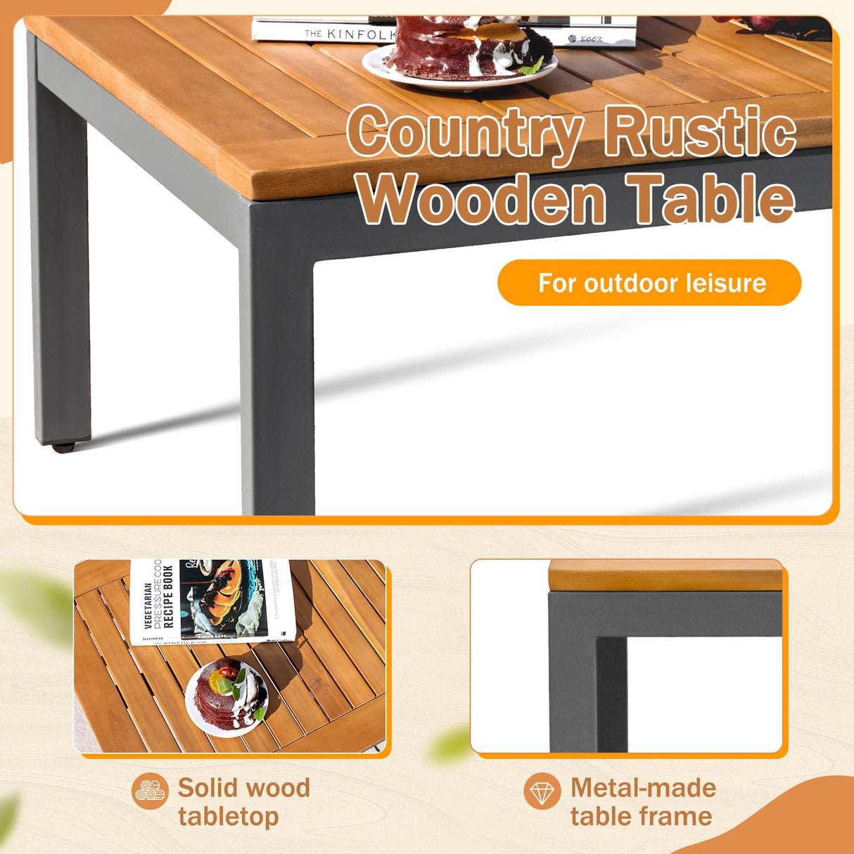 4 Piece Furniture Patio Lounge Conversation Set Solid Wood Armrest & Table Top Anti