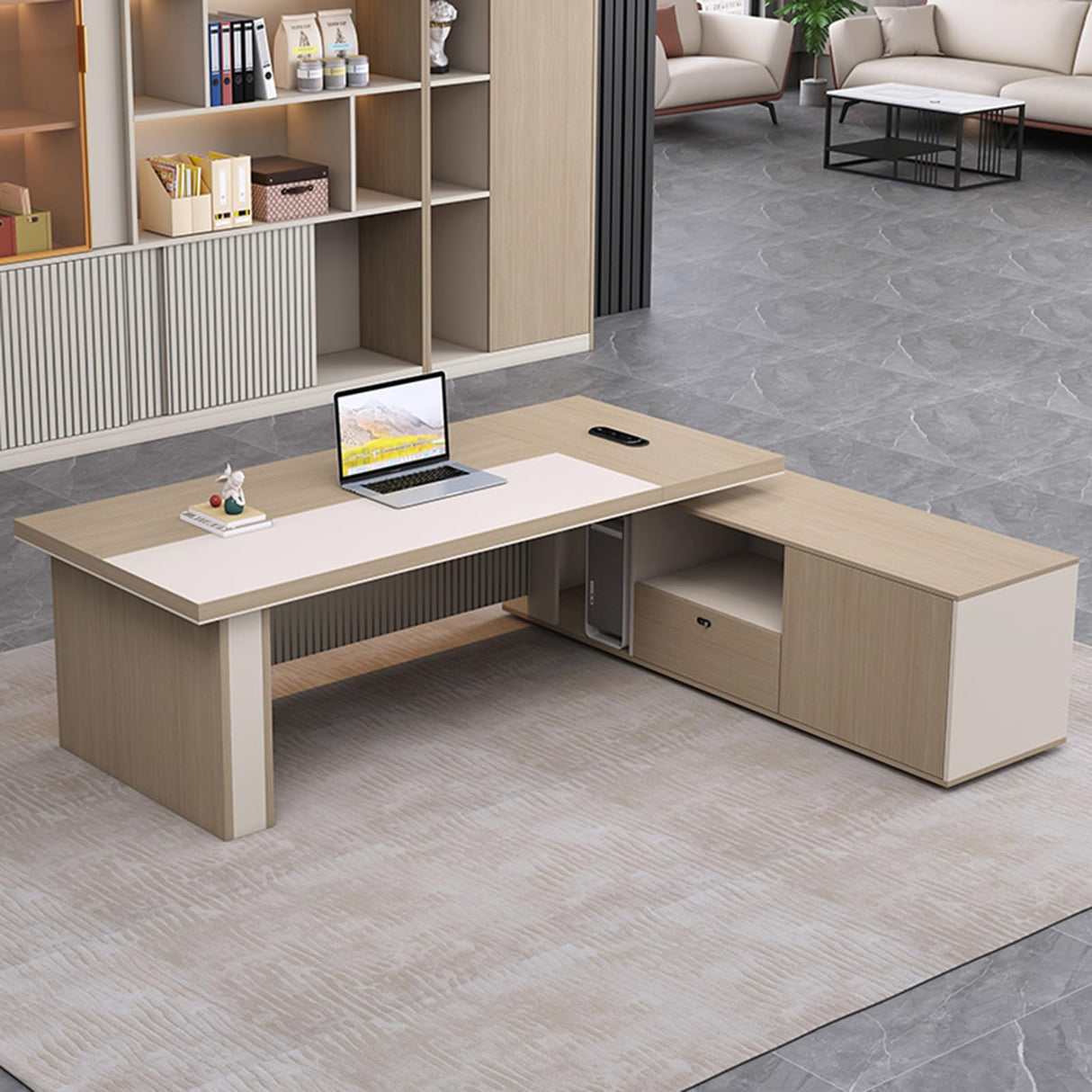 Office Table with Cabinet Wood Office Desk with Light Strip, L Shaped Executive Desk