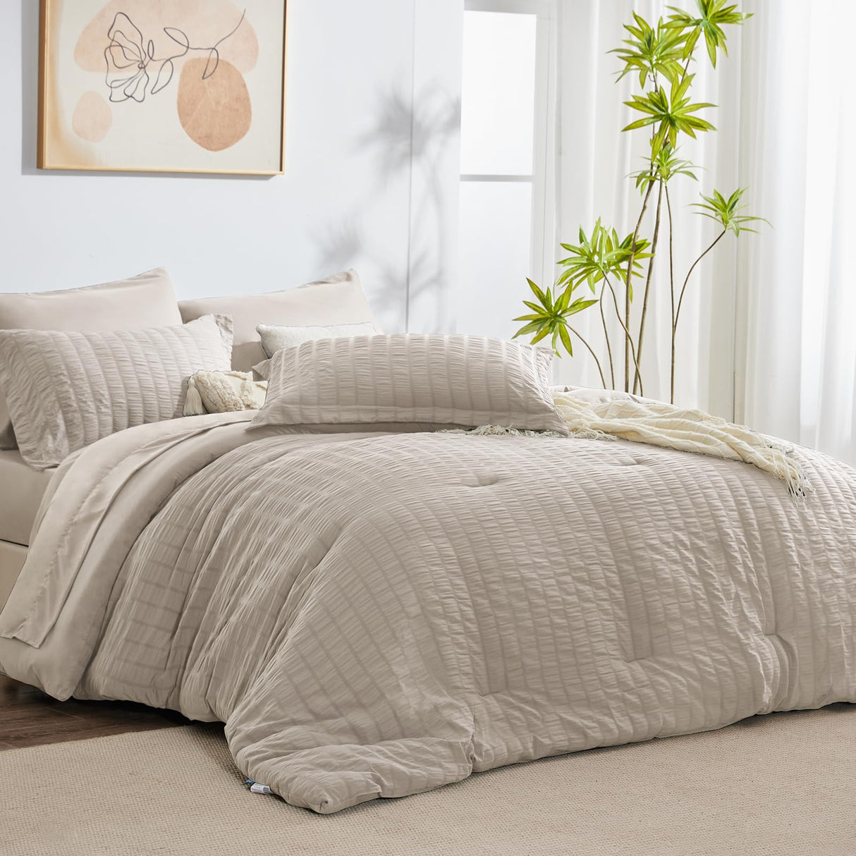 King Seersucker Comforter Set with Sheets Beige Bed