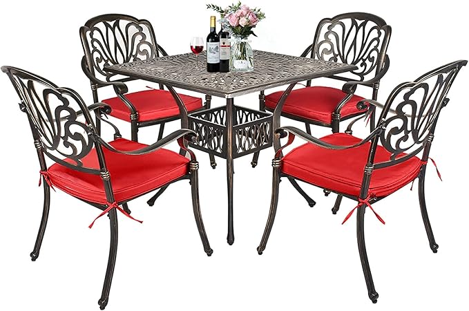 5-Piece Cast Aluminum Outdoor Patio Dining Set, 4 Pattern Chairs and 35.4" Square Table