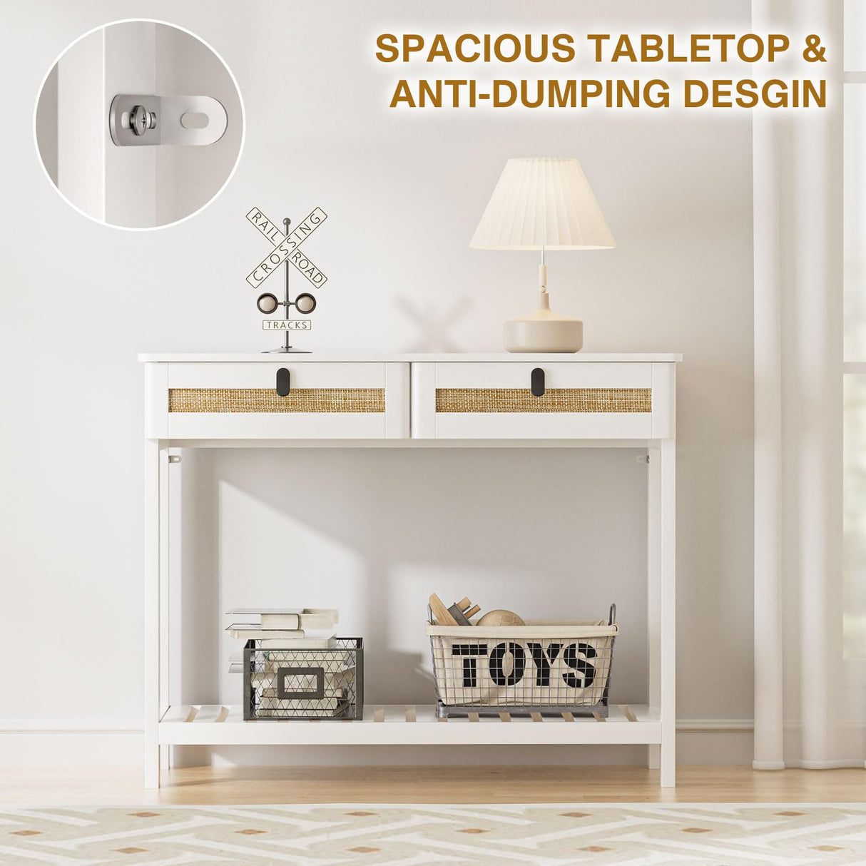 Knowlife Rattan Console Table with Drawers, Entryway Table Sofa Table with Storage Shelf, Narrow Long Behind Couch Table for Entryway, Living Room, Hallway, White