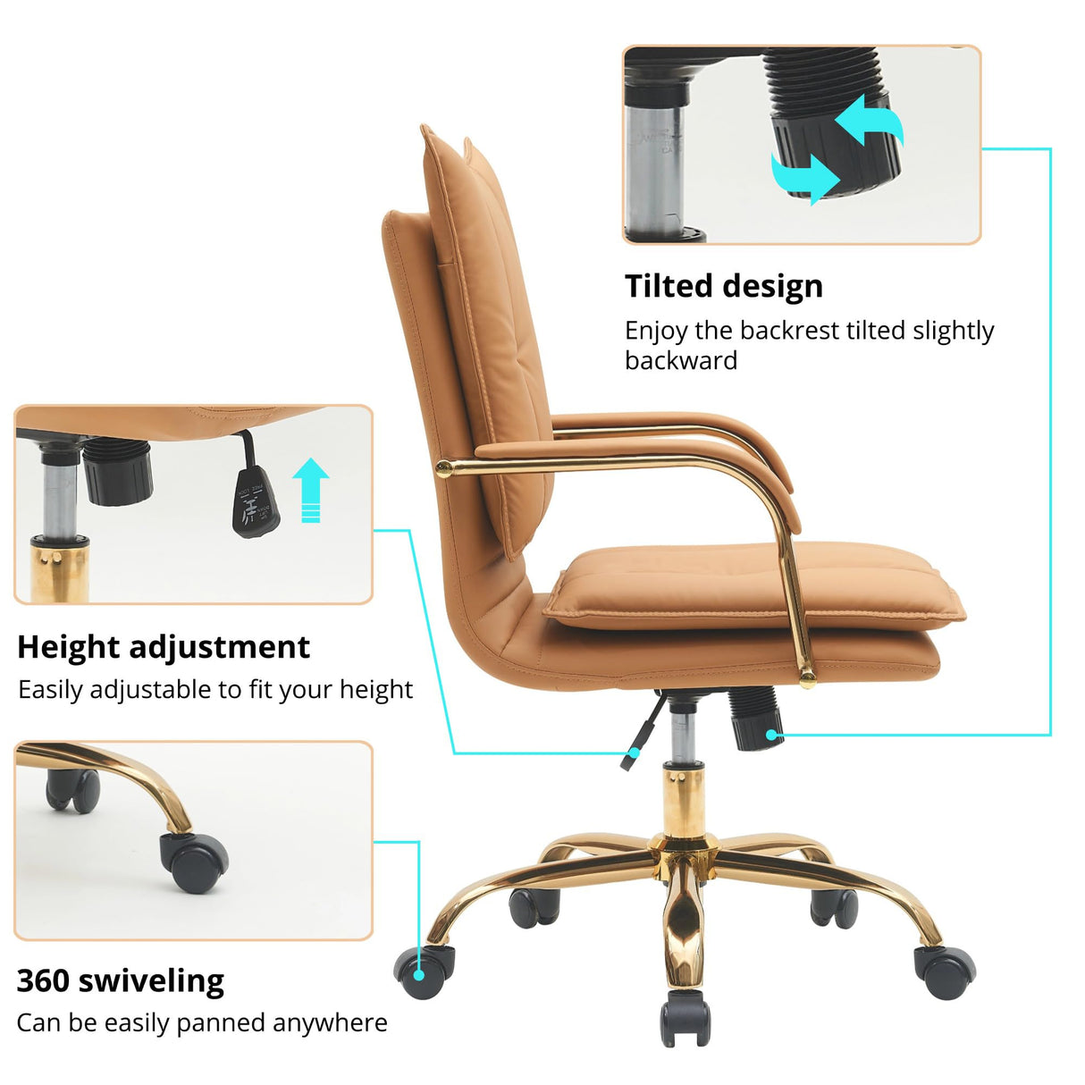 Leather Mid-Back Office Chair with Golden Legs - Camel