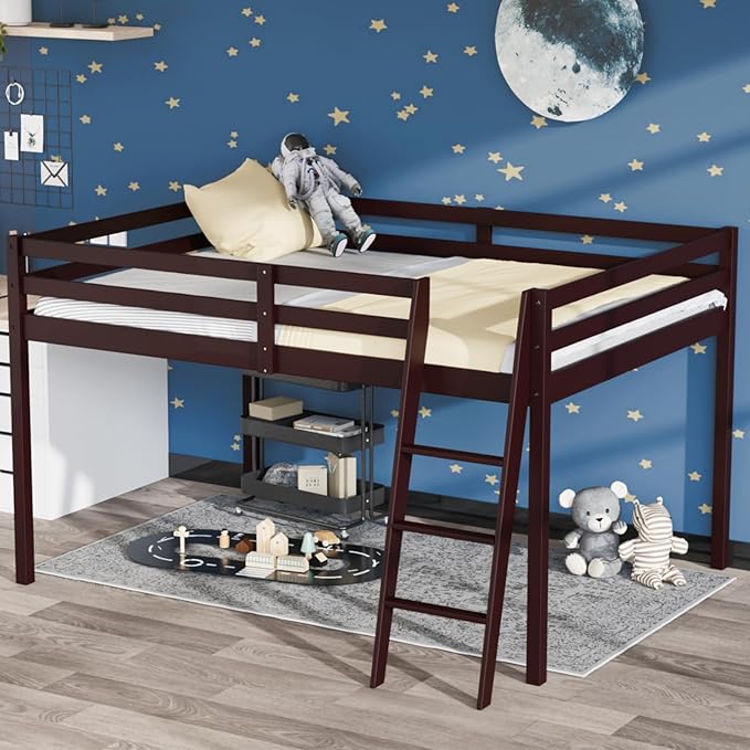 Junior Low Loft Bed with Stairs, White Wood Loft Bed Full Size for Adults, Kids and Young