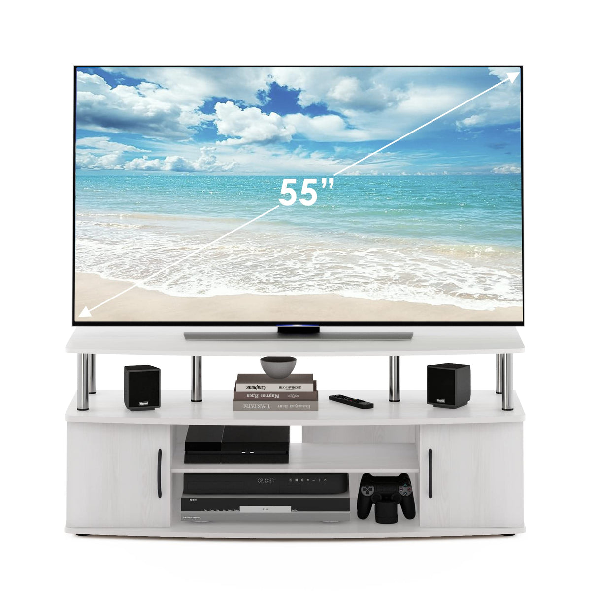 JAYA Large Entertainment Stand for TV Up to 55 Inch, White Oak/Chrome