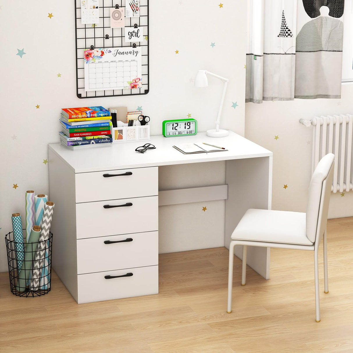 White Computer Desk, 43.5’’ Writing Desk with 4 Large Drawers, Modern Executive Desk,