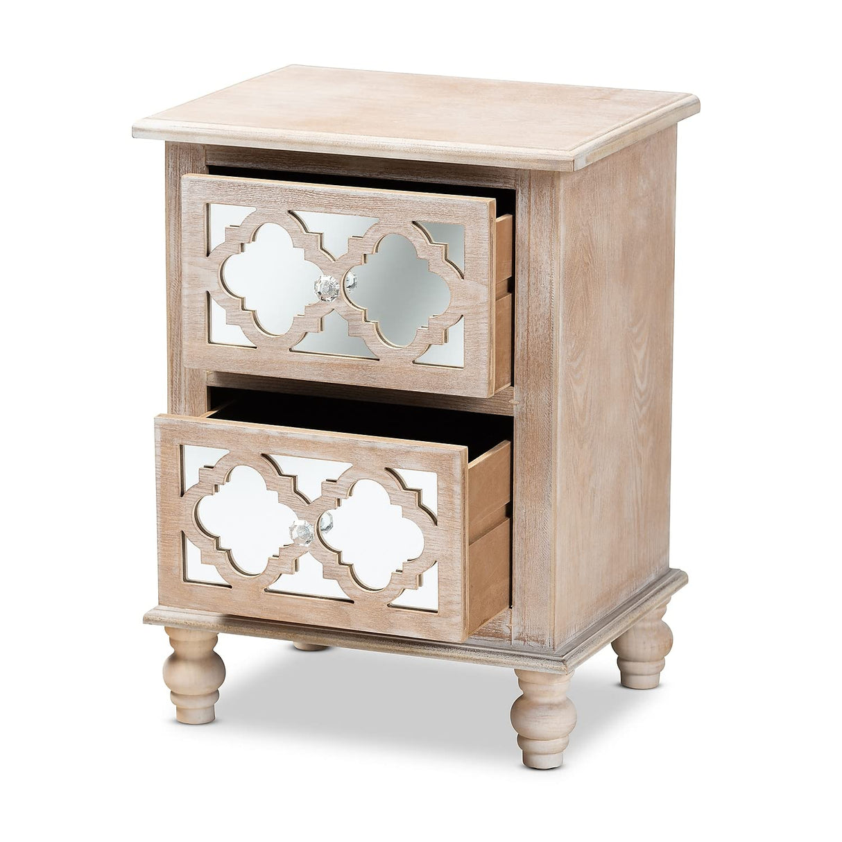 Washed Wood and Mirror 2-Drawer Quatrefoil Nightstand