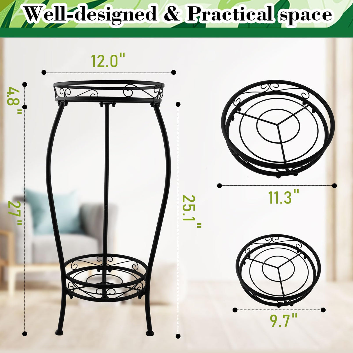 EverBloom 15-Inch Tall Round Metal Plant Stand, 2-Pack