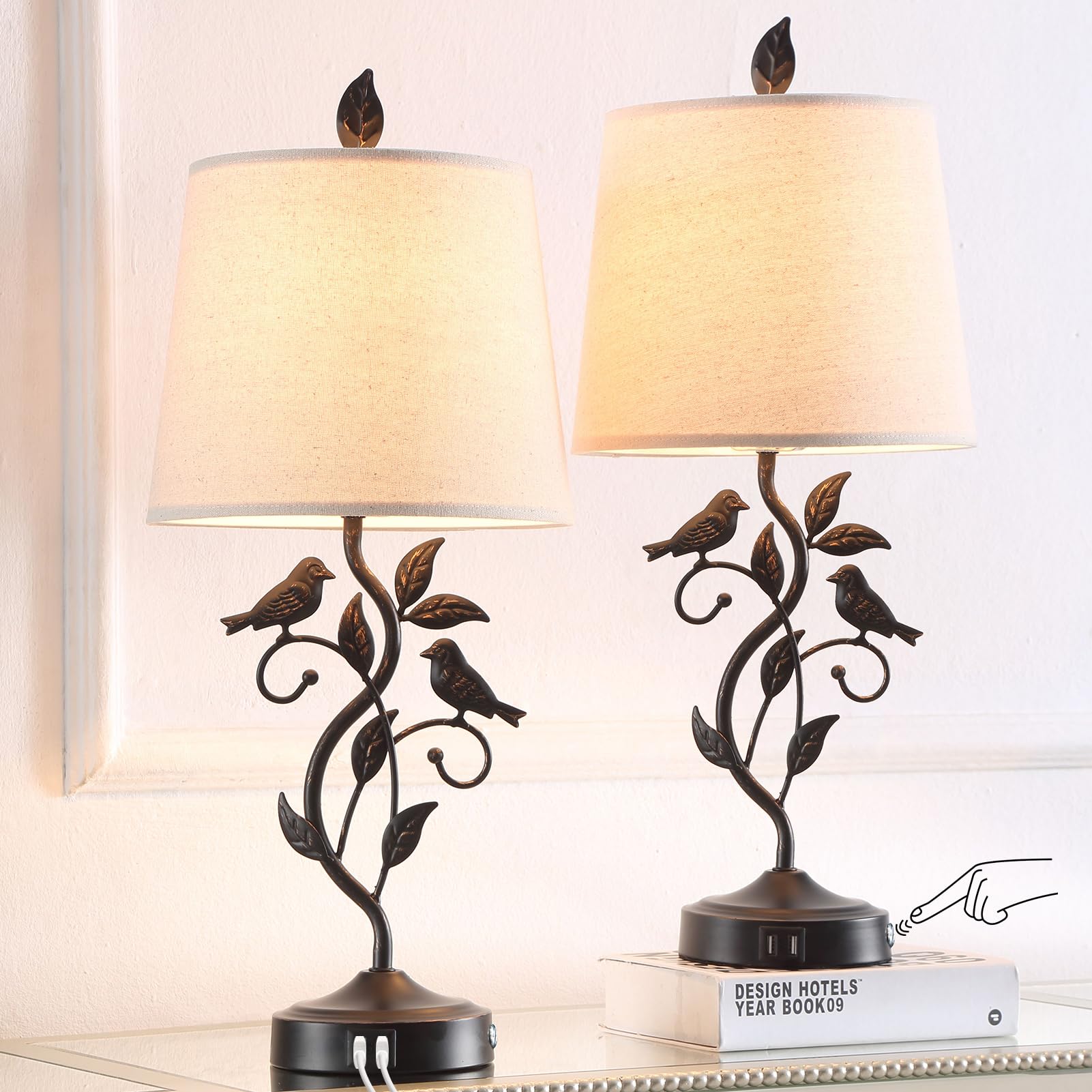 Set of 2 Touch Living Room Table Lamps with 2 USB Ports, Vintage Nightstand Lamp