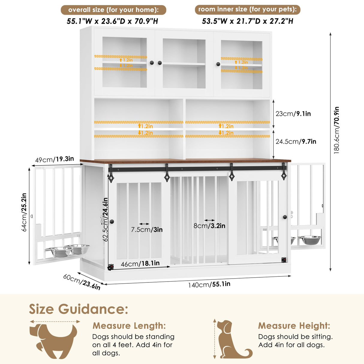Large Dog Crate Furniture with Hutch - 71"H x 55"L Indoor Kennel