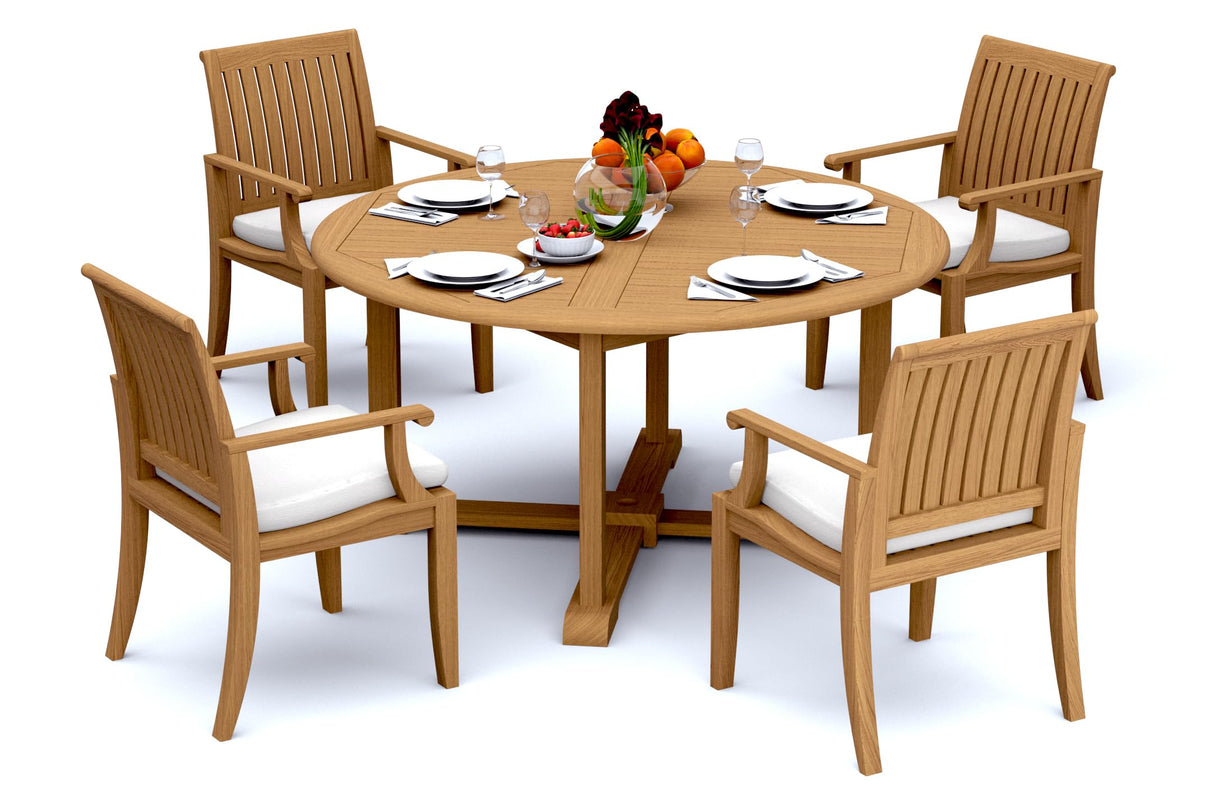 4 Seats 5 Pcs Grade-A Teak Wood Dining Set: 60" Round Table and 4 Lagos Arm