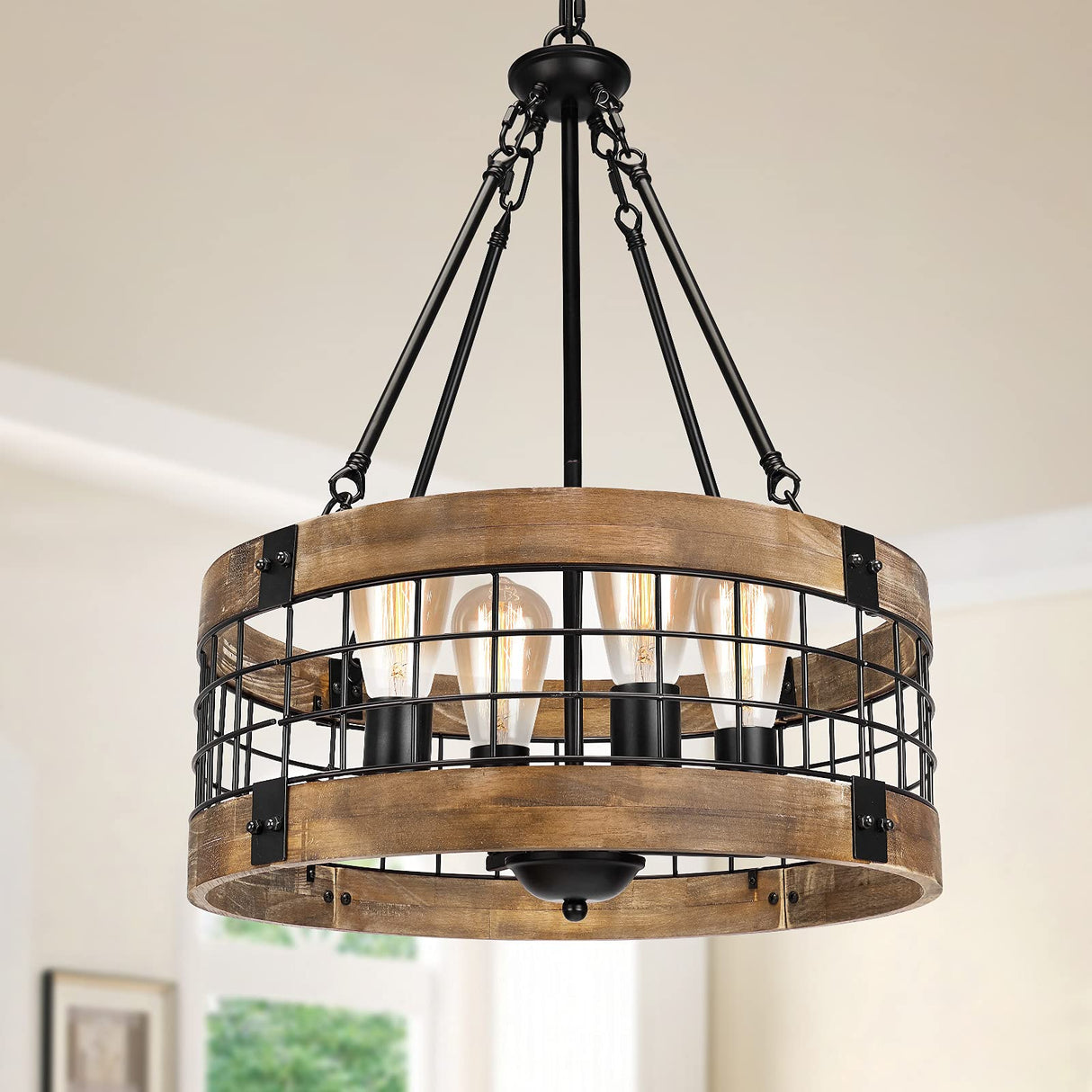 4-Light Rustic Chandelier for Entryway, Round Farmhouse Light Fixtures for Dining Room