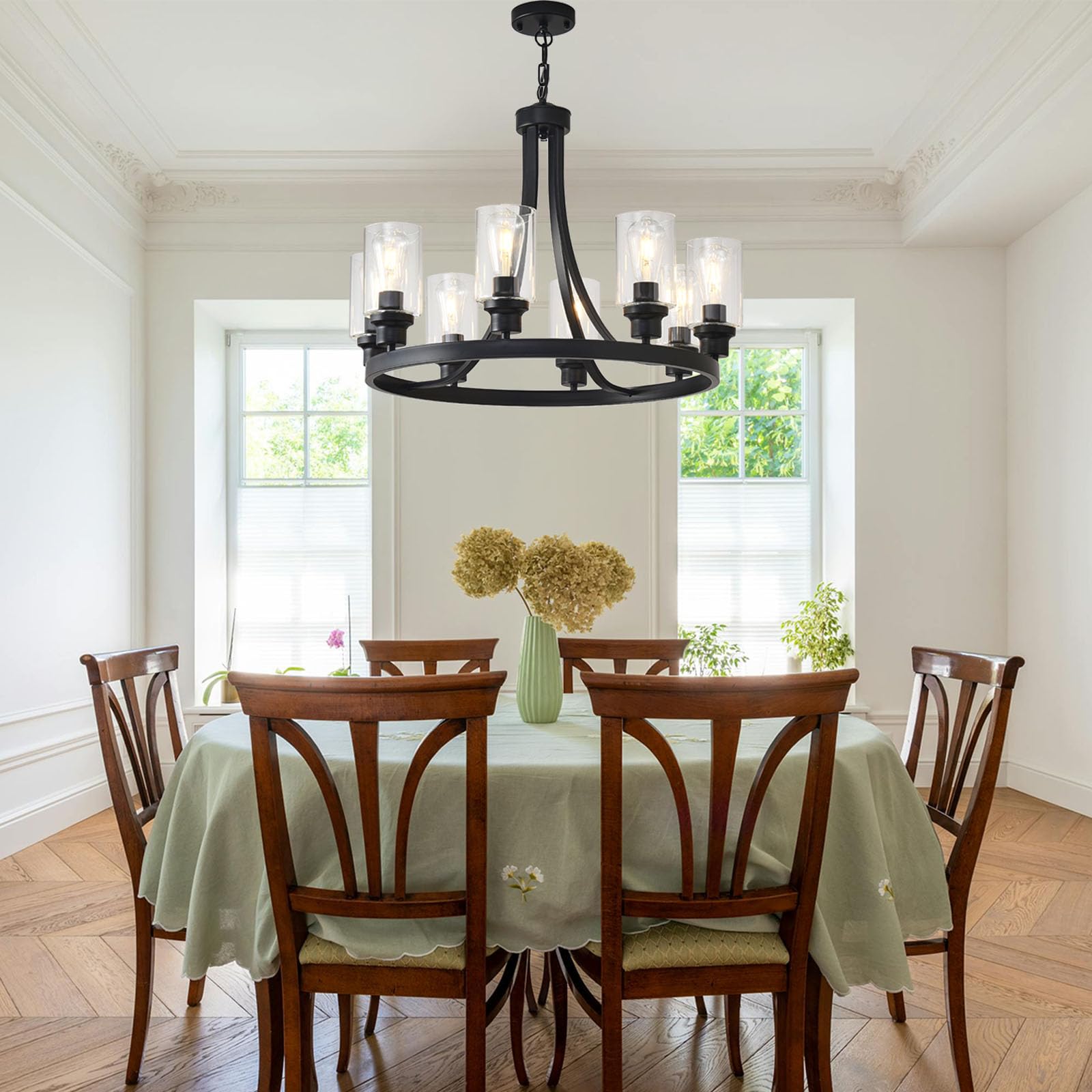 LOFTPLUS Farmhouse Chandelier Black Dining Room Light Fixture 8-Light Ceiling Hanging Rustic Wagon Wheel Chandeliers for Living Room Bedroom Foyer Porch Kitchen Island