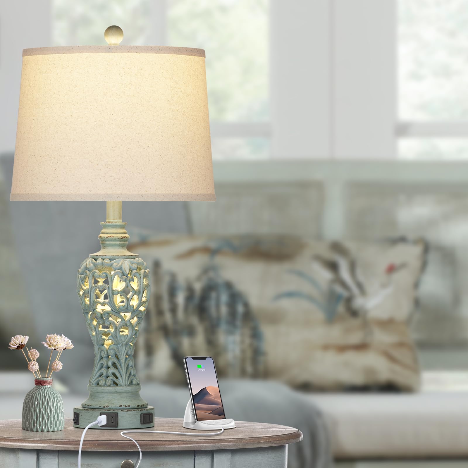 Rinweey Farmhouse Table Lamps Set of 2 with Nightlight, Coastal Bedside Lamps with USB A+C Ports & AC Outlet, Blue Vintage Nightstand Lamps for Bedroom Living Room