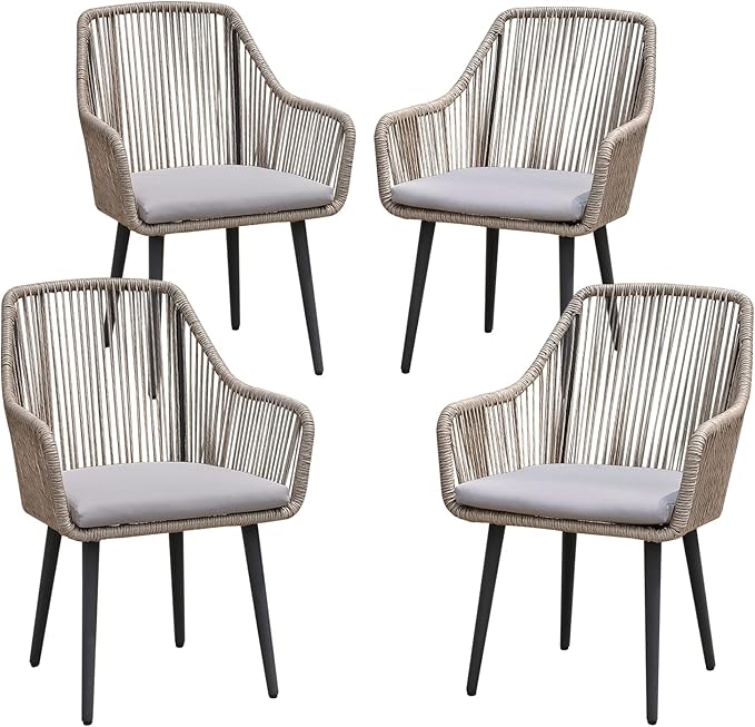 Outdoor Dining Chairs, Patio Dining Chair Set of 2, All-Weather Woven Rope Rattan Chairs