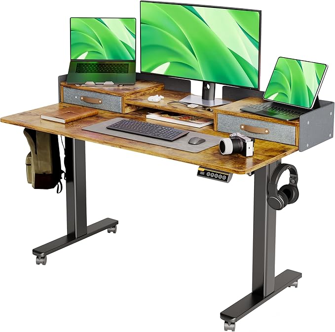 Desk with Drawers, Adjustable Height Stand up Desk with Storage Shelf, Electric Small Sit Stand Desk with Splice Board, 48 Inch, White