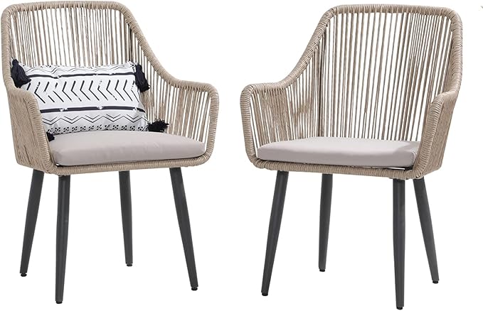 Outdoor Dining Chairs, Patio Dining Chair Set of 2, All-Weather Woven Rope Rattan Chairs