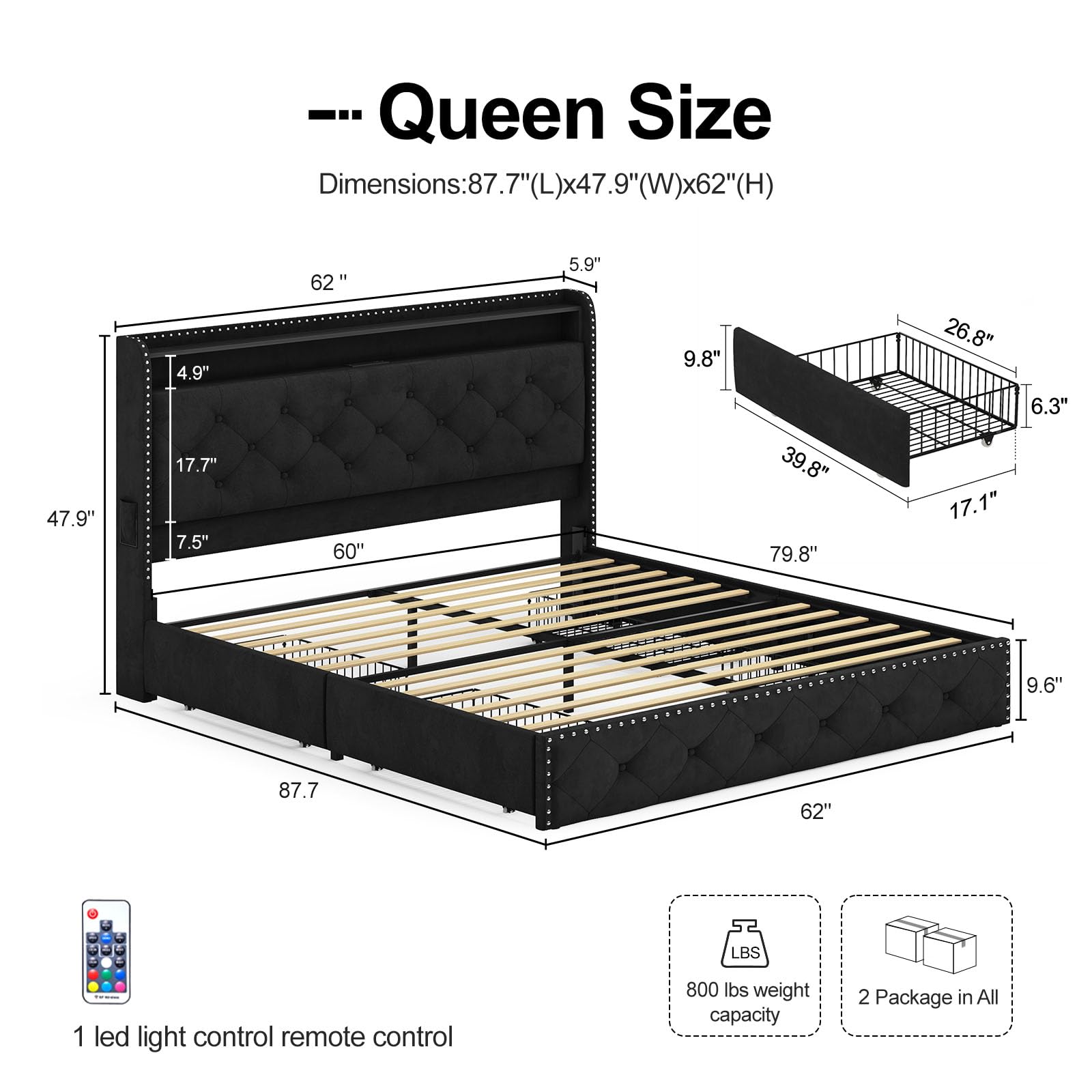 LARMACE Queen Size Bed Frame with LED Lights & USB Charging Station, Velvet Upholstered Platform Bed with Storage Headboard and 4 Drawers, Noise Free, Easy Assembly, Black
