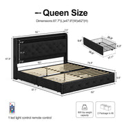 LARMACE Queen Size Bed Frame with LED Lights & USB Charging Station, Velvet Upholstered Platform Bed with Storage Headboard and 4 Drawers, Noise Free, Easy Assembly, Black