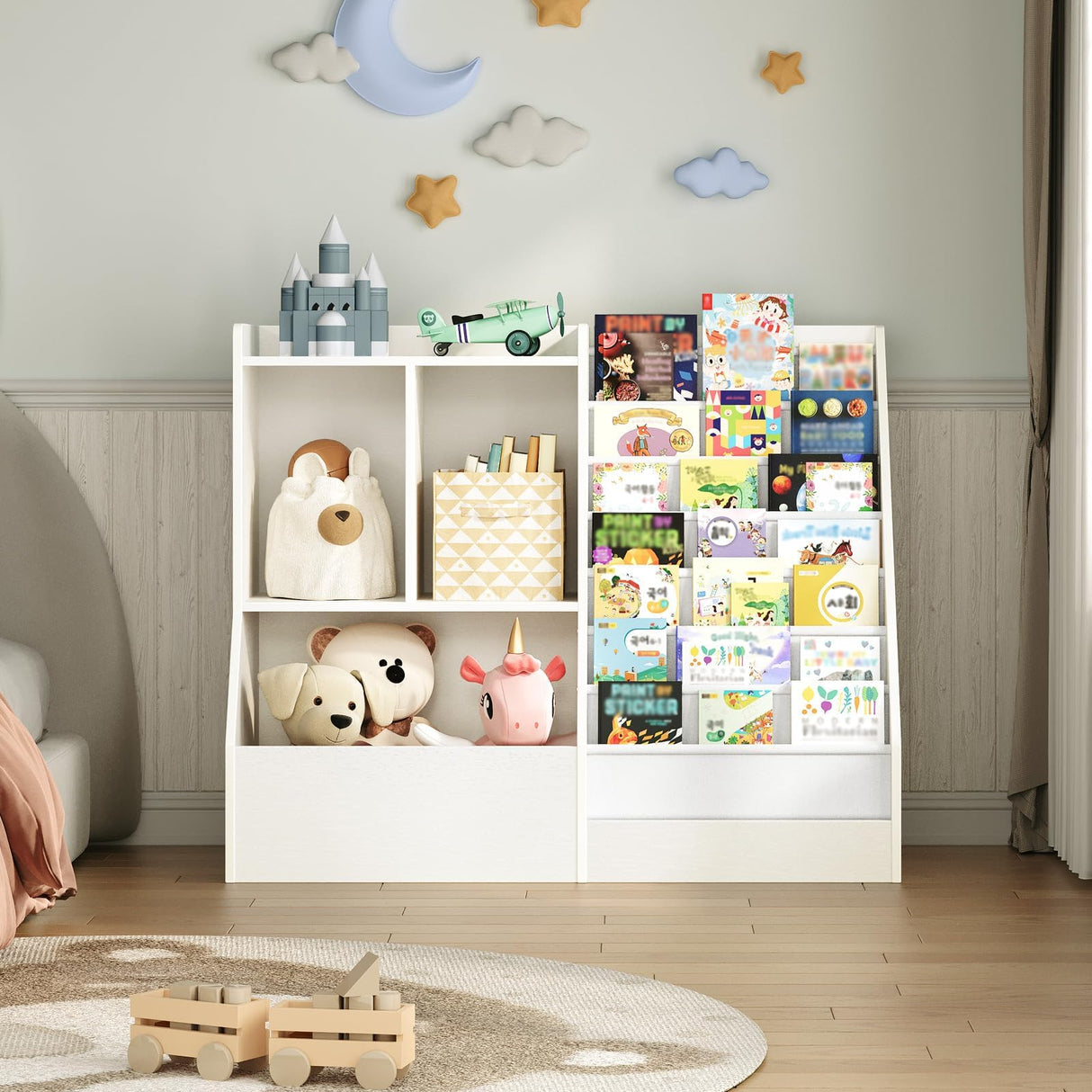 39.4" Kids Bookshelf and Toy Storage, 7 Layer Kids Book Sling Shelf, Toddler Bookshelf,