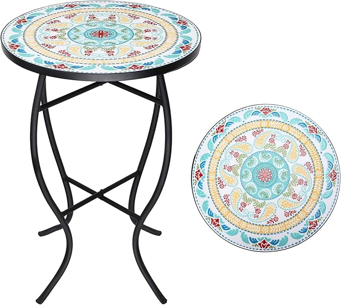 Mosaic Outdoor Side Table, Round Rustproof Patio Tables with 14" Ceramic Tile Top